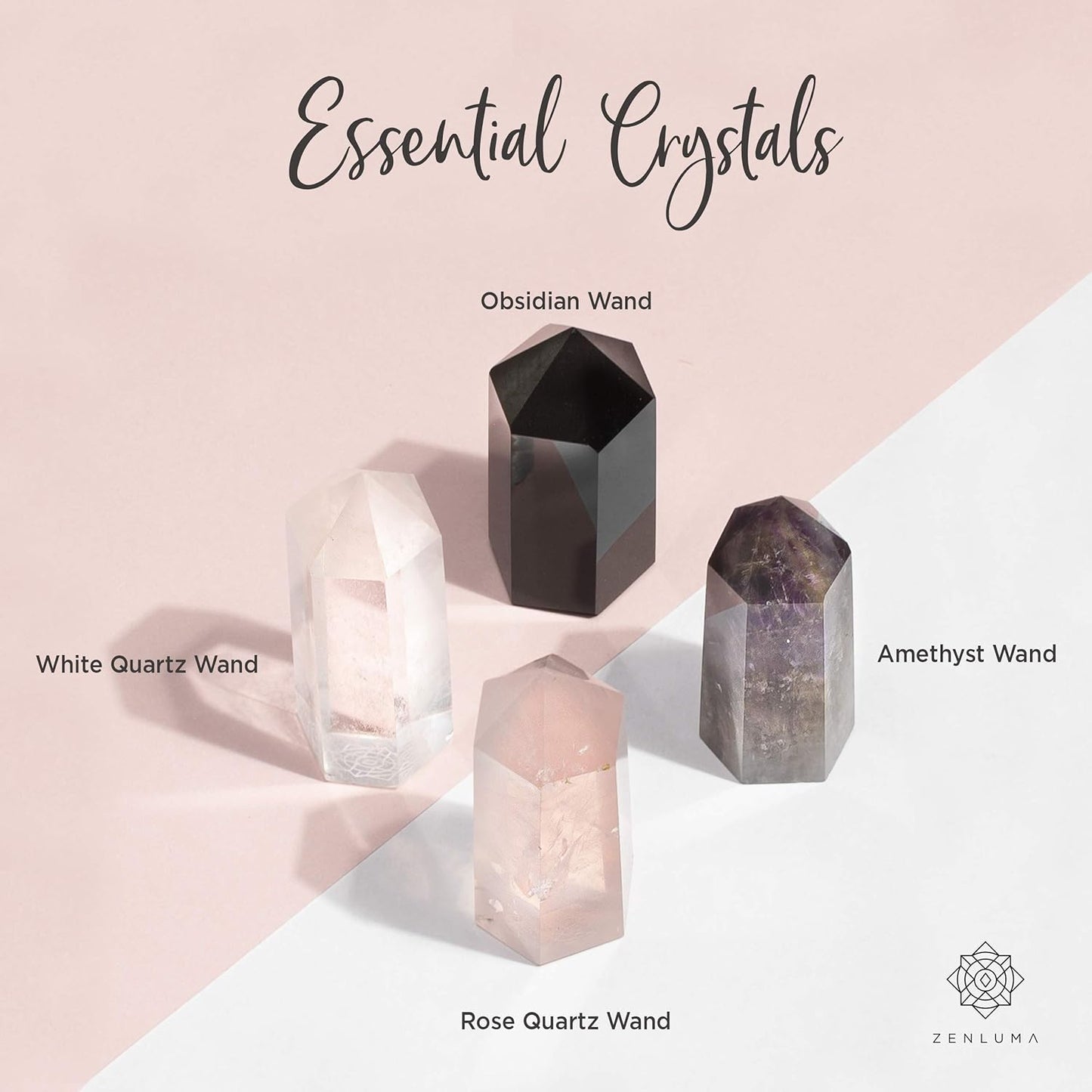 Healing Crystal Wand Set (2") - Healing Crystals Kit Includes 4 X Crystal Points: Obsidian, Amethyst, Rose Quartz & White Quartz - Ideal for Meditation, Decor & Reiki