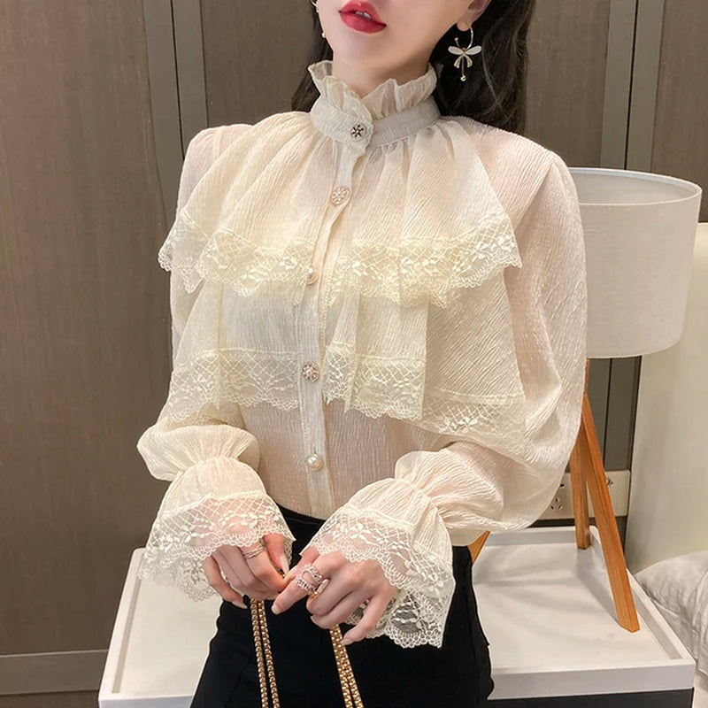 Victorian White Ruffles Stand Collar Lantern Sleeve Medieval Victorian Top Gothic Lolita Blouse Vintage Shirts Women Large Size