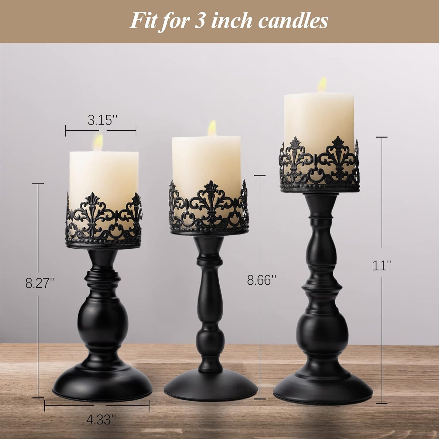 Vintage Pillar Candle Holders for Table Centerpiece Set of 3-11'' 9'' 8'' - Matte Black Metal Candle Stands Decorative - Candle Centerpiece for Table Fireplace Decor - Gothic Candle Holder