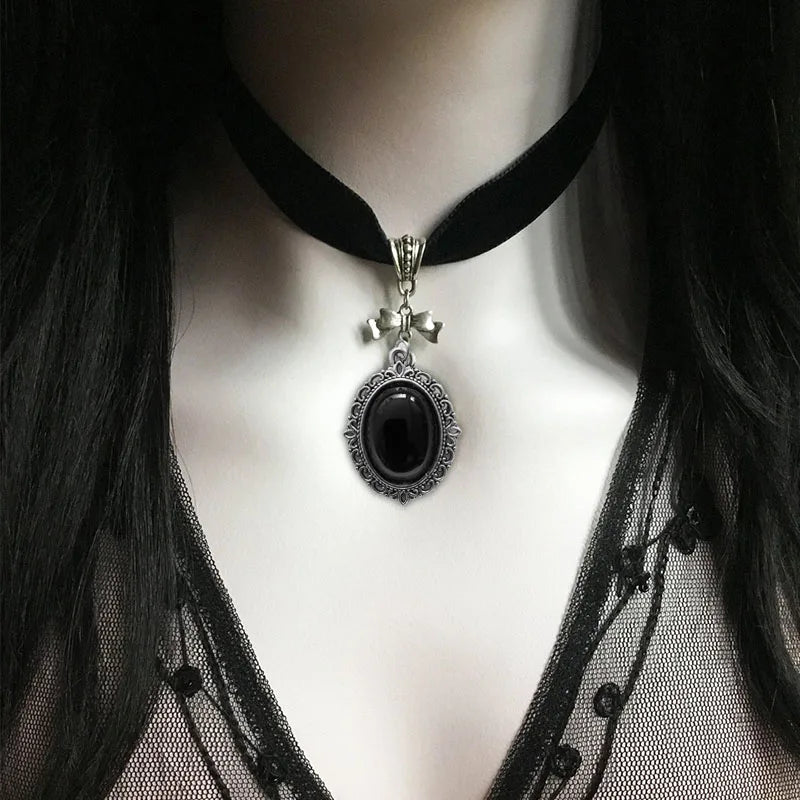 Black Velvet Choker Necklace, Gothic Victorian Black Cameo