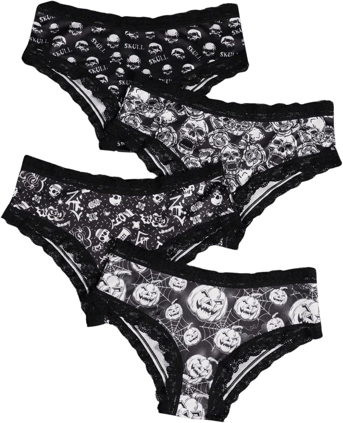 Women'S 4 Pieces Gothic Lace Hipster Panties Set Low Rise Halloween Skull Underwear