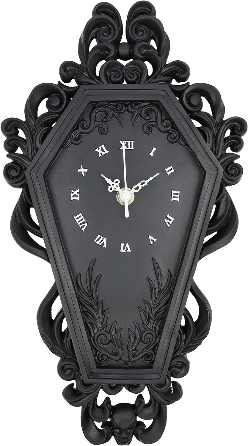 Coffin Wall Clock - Gothic Home Decor - Baroque Black Resin - Steampunk Skull - Medium Size - AA Battery NOT Included