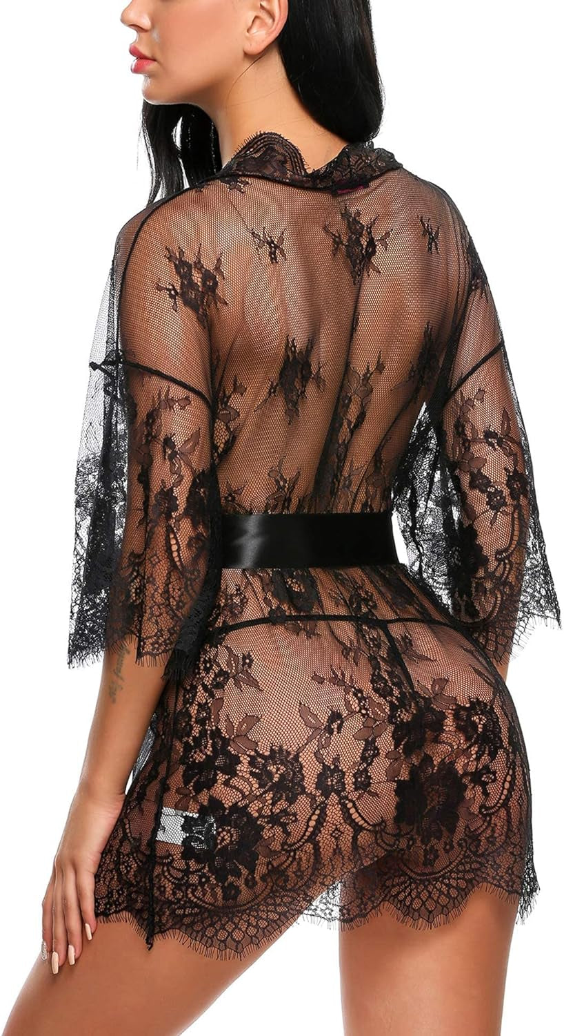 Women'S Lace Kimono Robe Babydoll Lingerie Mesh Nightgown S-5XL