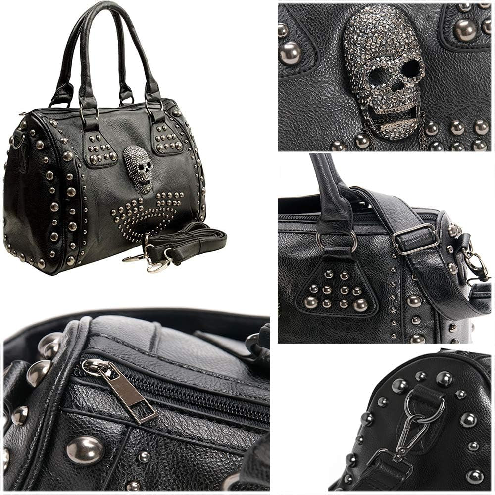 Women Skull Handbag Large Capacity Gothic Shoulder Bag Studded Doctor Handbag