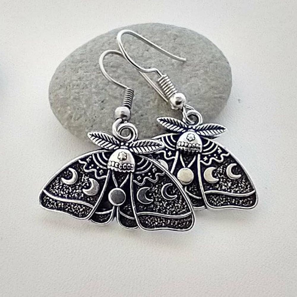 2 Pairs Goth Butterfly Dangle Earrings Luna Moth Earrings Crescent Moon Star Drop Earrings Punk Skull Pendant Earrings for Women - Silver