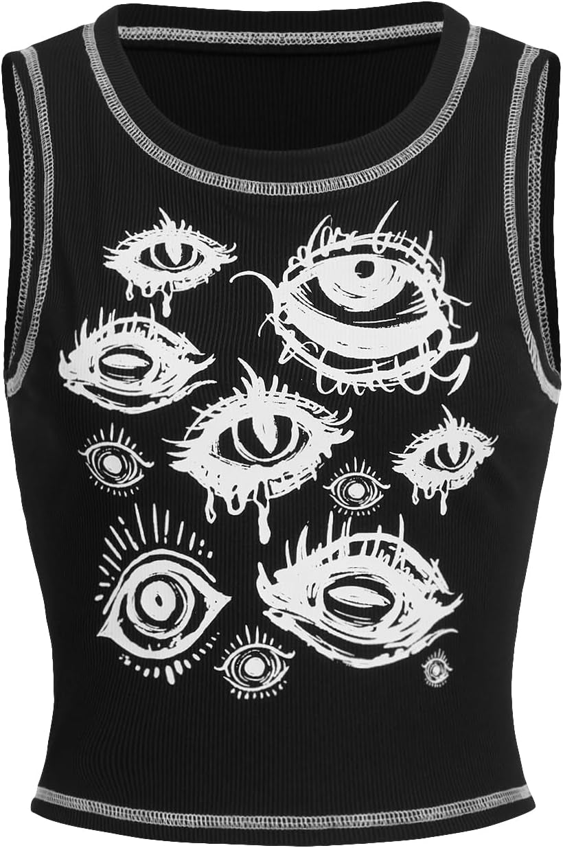 Women'S Y2K Goth Eye Print Crop Tank Top round Neck Sleeveless Summer Tops