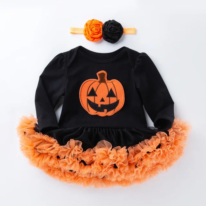 Halloween Baby Costume Girls Rompers Dresses Newborn Pumpkin Black Jumpsuits Dress Infant Cartoon Printed Children Party Outfit