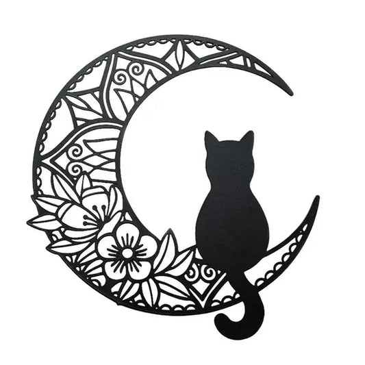 Cat Moon Metal Wall Art Metal Black Cat and Moon Wall Art Decor Black Cat Silhouette with Moon Phase Boho Style Home Decor Wall