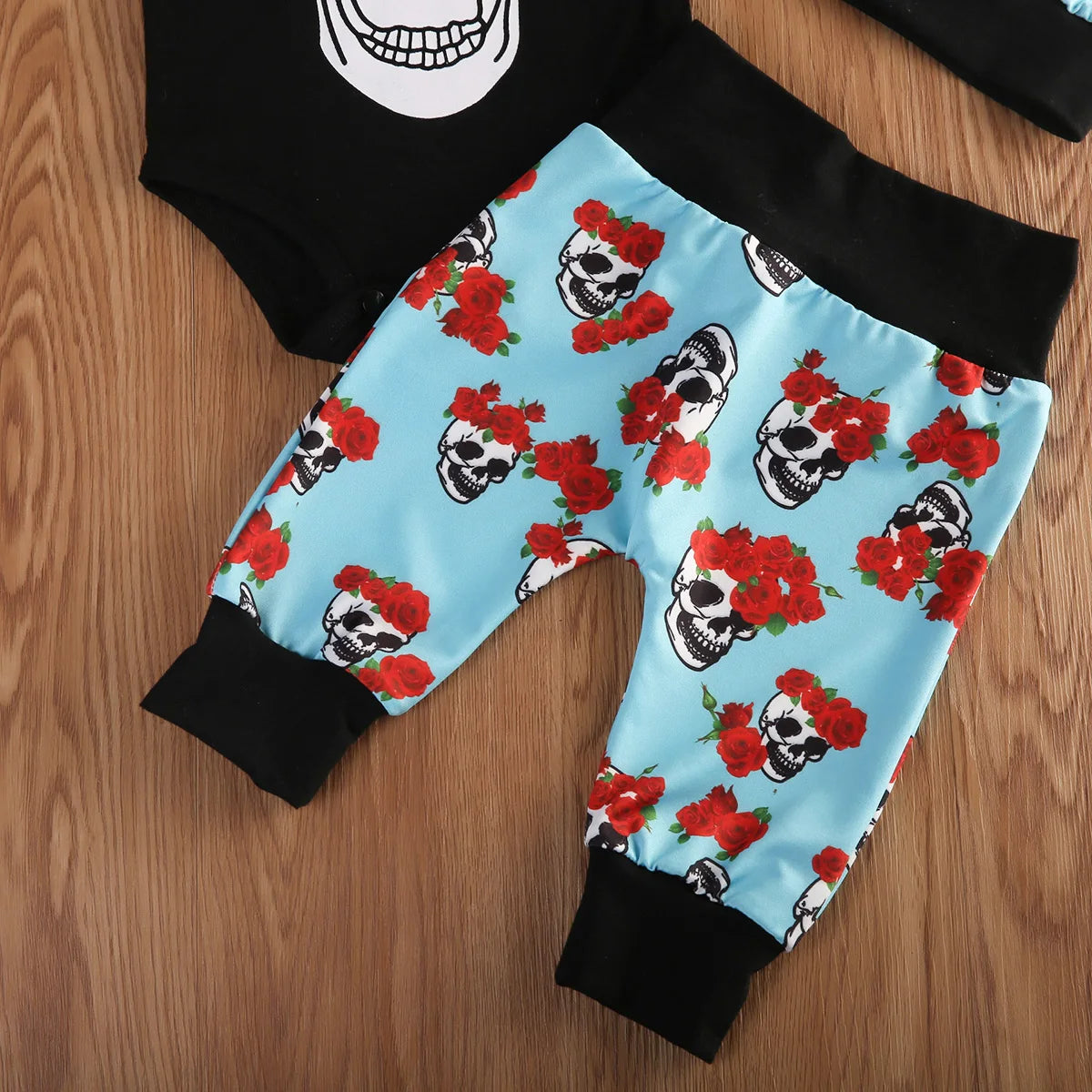 4Pcs Newborn Infant Halloween Baby Boy Clothes Jumpsuit Skull Bodysuit + Long Pants Outfit Headwear Set 0-24M