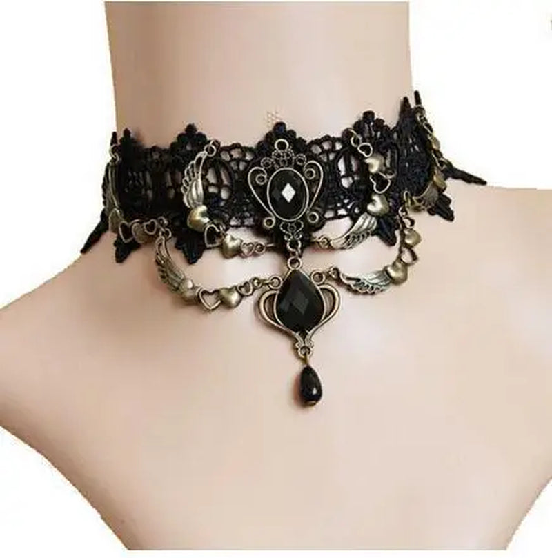 New Collares Sexy Gothic Chokers Crystal Black Lace Neck Angel Wings Heart Vintage Victorian Women Chocker Steampunk Jewelry