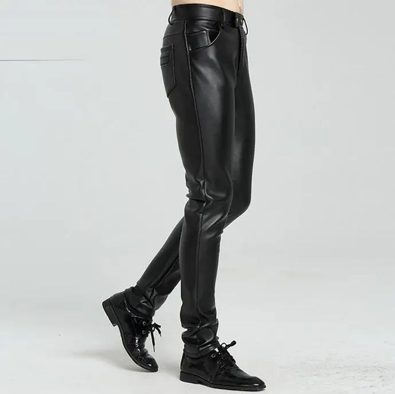 Teenage Velvet Thicken Mens Leather Trousers Patchwork Slim Personality Motorcycle Faux Leather Pants Mens Autumn Winter