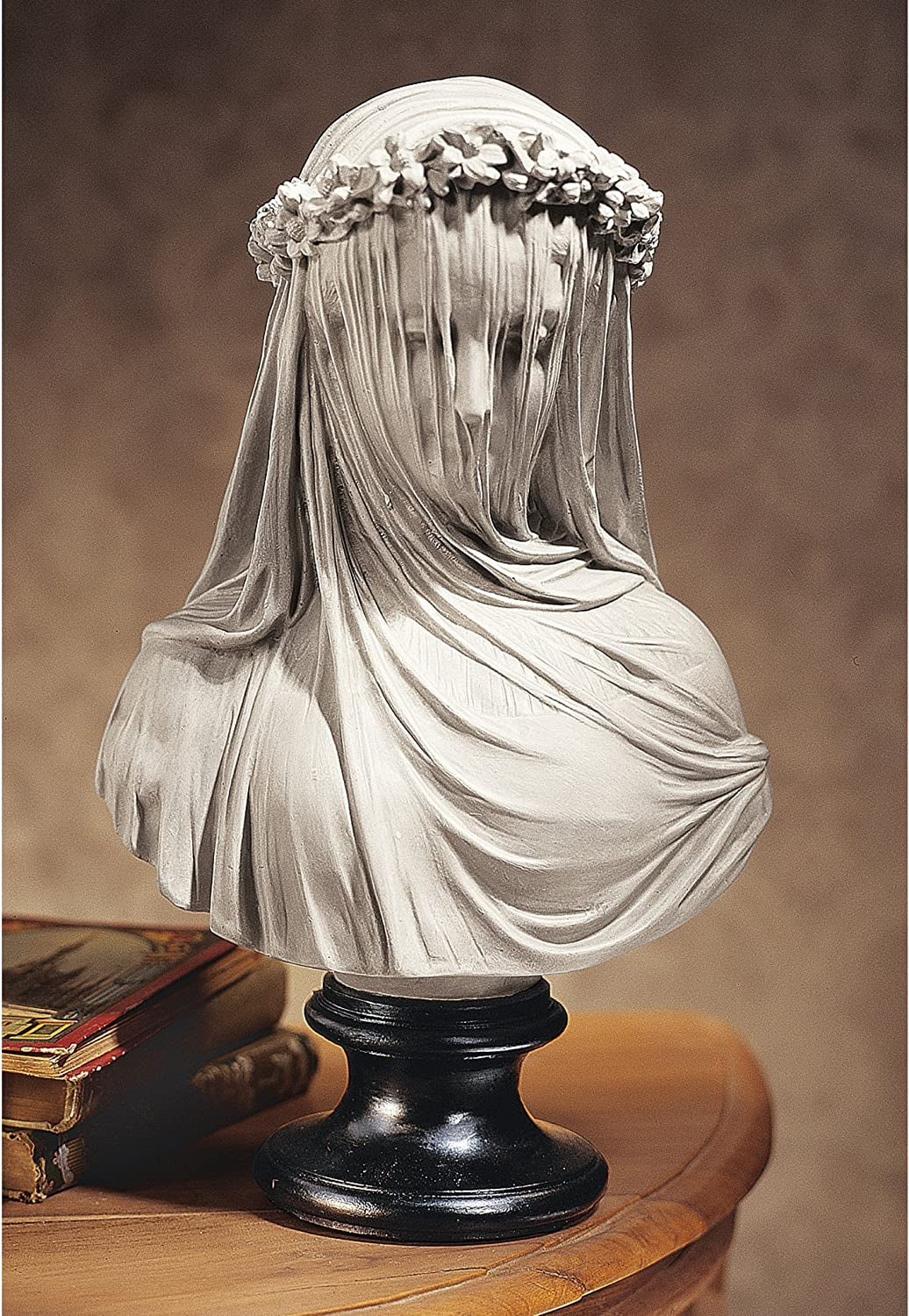 Veiled Maiden Indoor Bust Statue, 9 Inches Wide, 14 Inches Tall, Handcast Polyresin, Antiqued White Finish with a Black Painted Base