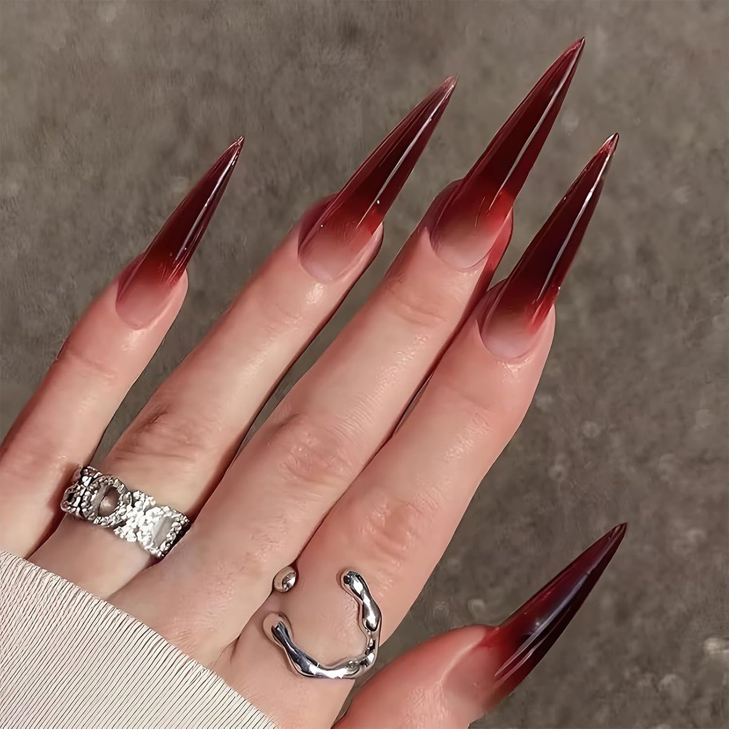 Press on Nails Long Stiletto Fake Nails Glossy Glue on Nails Goth Red Black Ombre Acrylic Nails Gothic Cross Almond Artificial Nails Silver Chrome Swirl Stick on False Nails with Design 24 Pcs