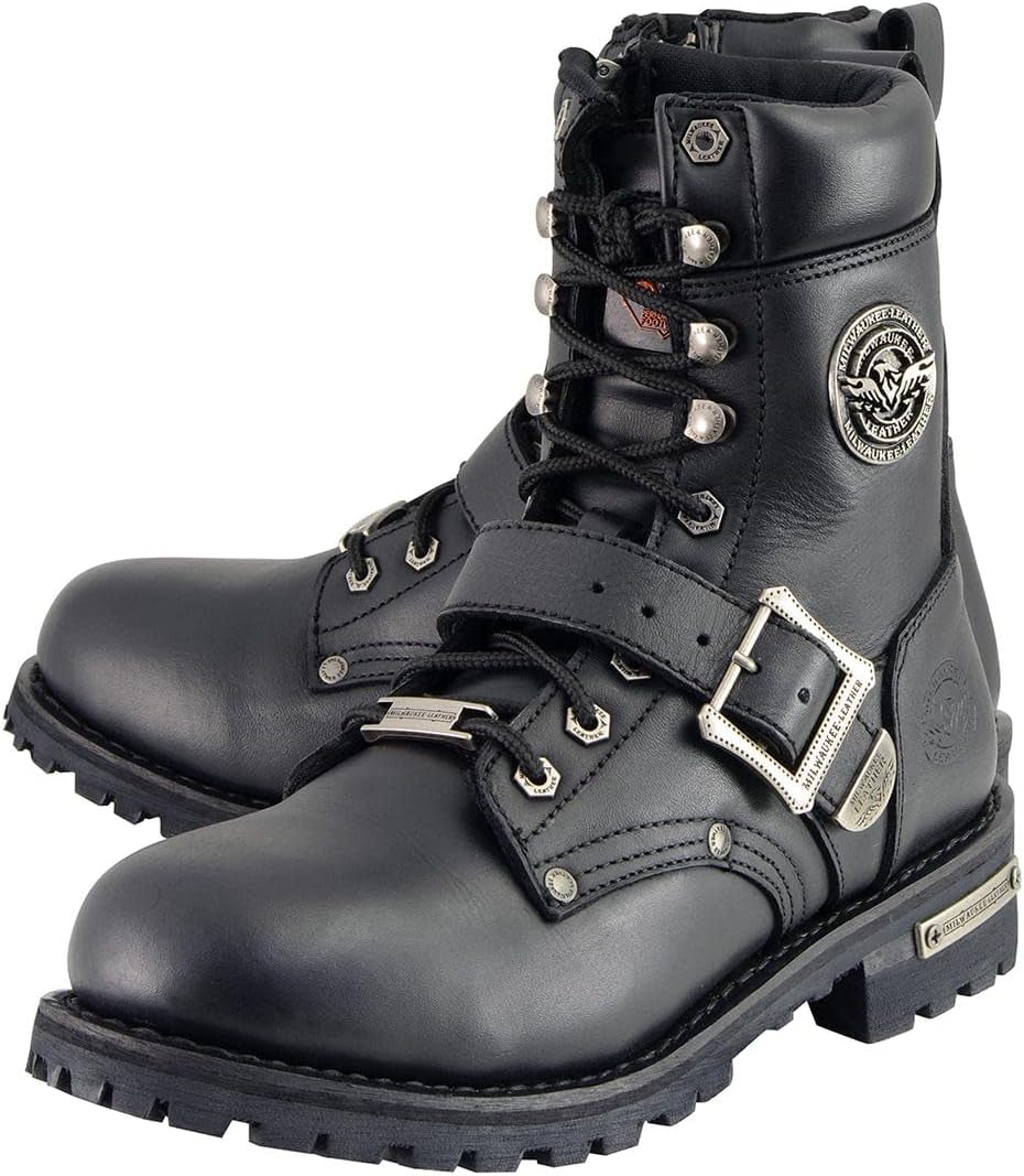 MBM101 Men'S Black Leather Lace-Up Engineer Motorcycle Boots W/Buckles and Side Zipper Entry - 10.5