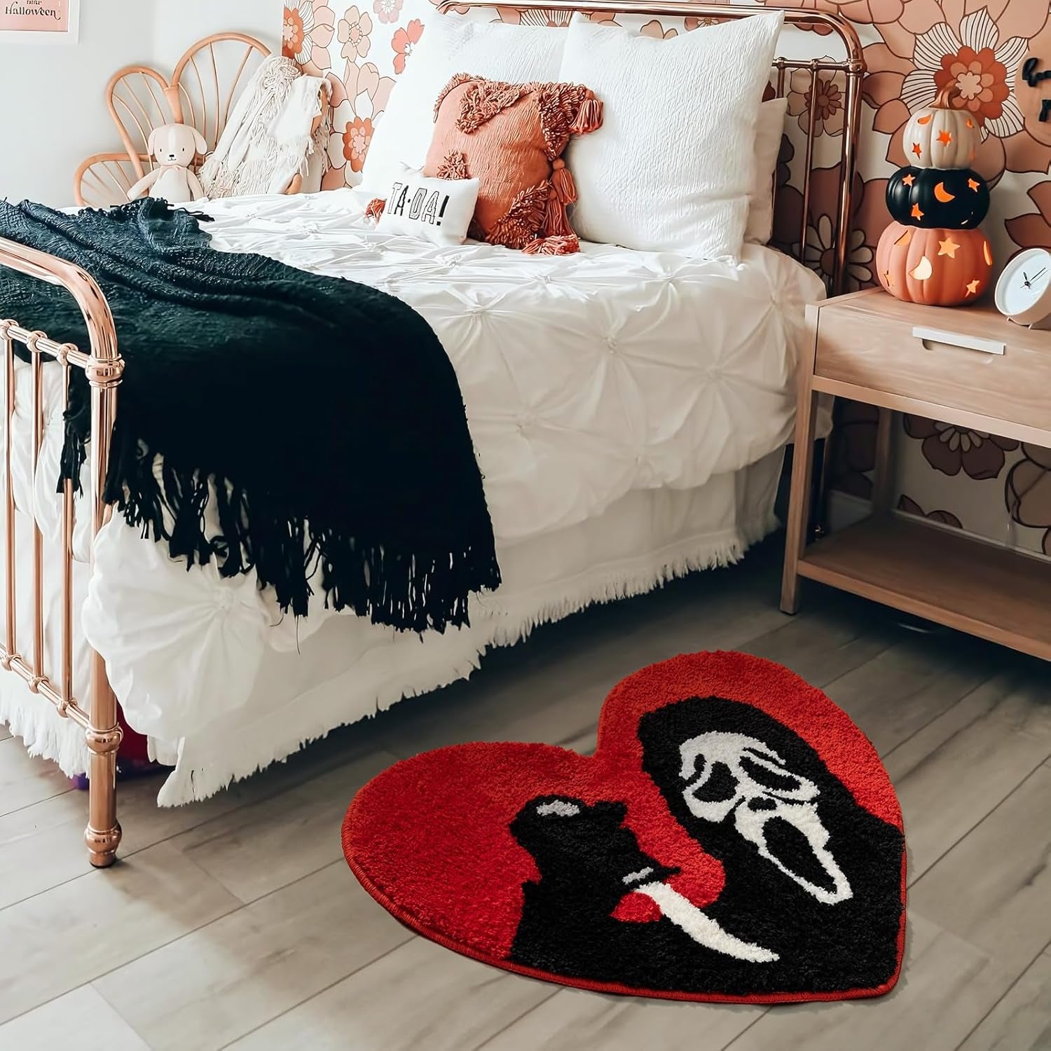 Halloween Bathroom Rugs Black Red Orange Bath Mat Non Slip, Nightmare before Christmas Home Decor, Funny Skull Bath Rugs Washable Absorbent Spooky Gifts