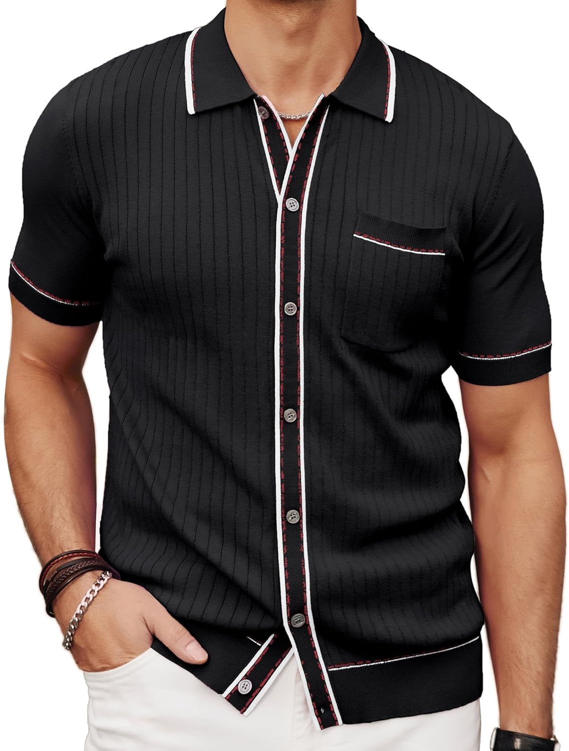 Men'S Short Sleeve Knit Polo Shirt Vintage Button down Golf Polo