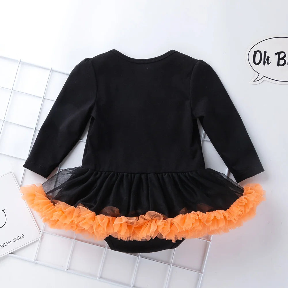 Halloween Baby Costume Girls Rompers Dresses Newborn Pumpkin Black Jumpsuits Dress Infant Cartoon Printed Children Party Outfit