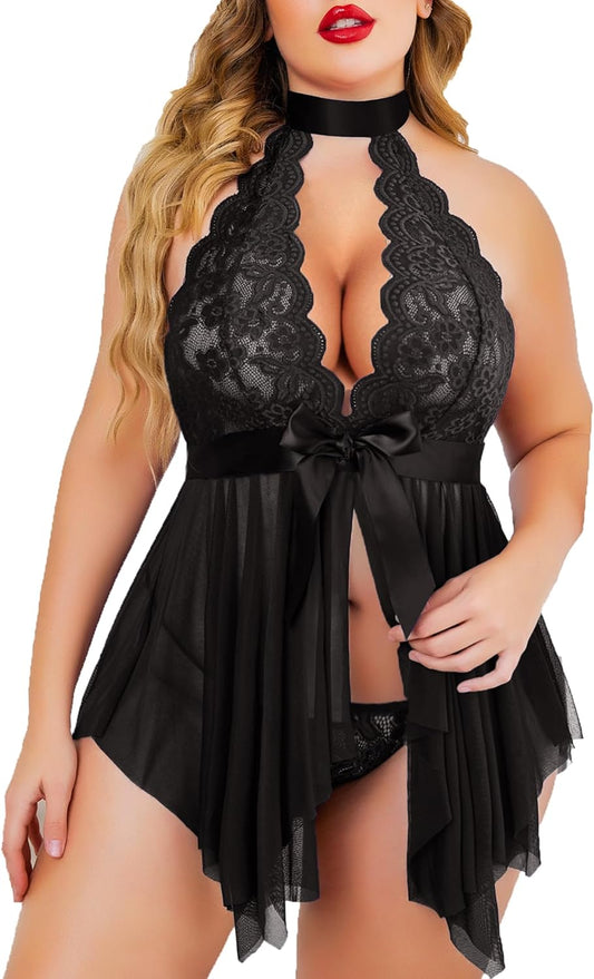 plus Size Babydoll for Women High Waist Teddy Chemise Floral Lace Lingerie