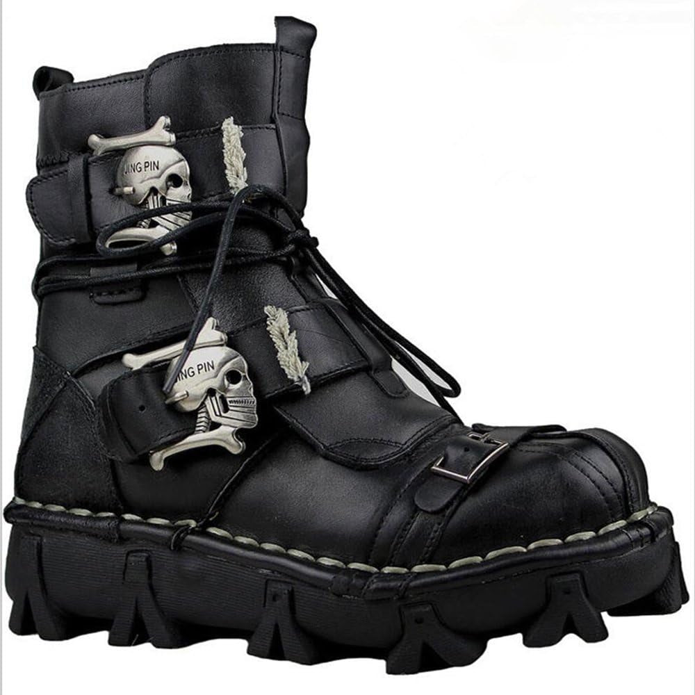 Mens Black Genuine Leather Military Army Boots Gothic Skull Punk Motorcycle Boots