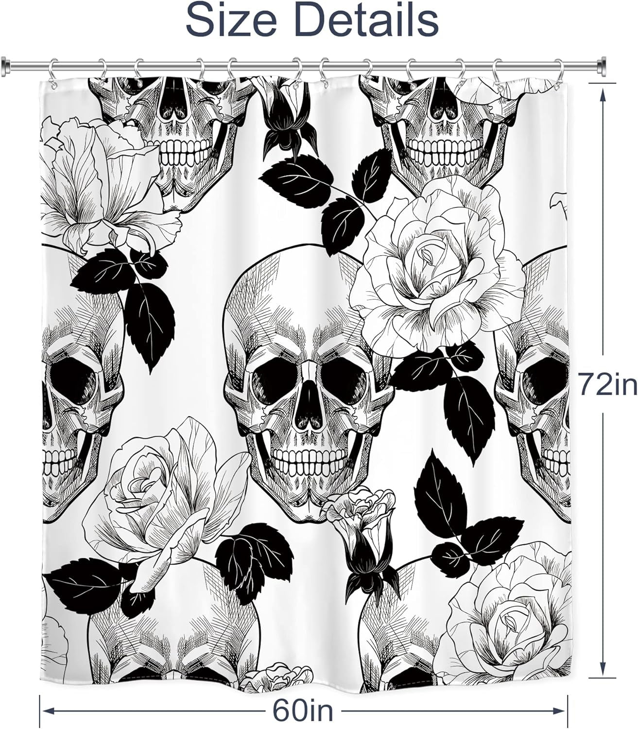 Halloween Skull Shower Curtain Floral Sugar 60Wx72L Inch Black White Gothic Bathroom Decor Goth Rose Skeleton Spooky Men Shower Curtains Flower Fabric Bath Accessories 12 Plastic Hooks