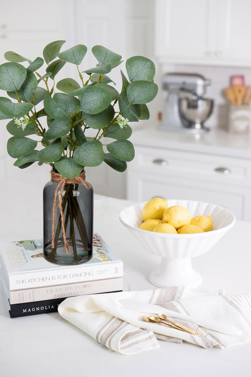 Artificial Eucalyptus Stems in Black Glass Vase with Faux Water, 14" Fake Plant Eucalyptus Leaves for Home Office Farmhouse Wedding Centerpiece Décor