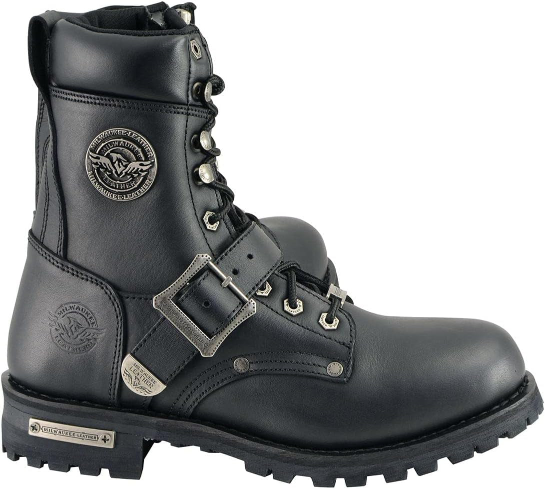 MBM101 Men'S Black Leather Lace-Up Engineer Motorcycle Boots W/Buckles and Side Zipper Entry - 10.5