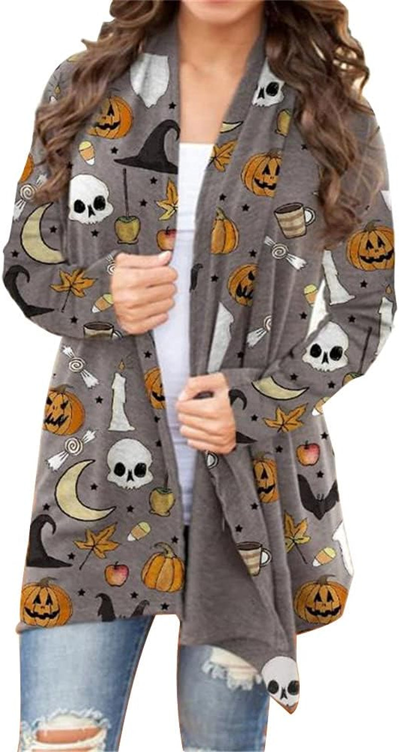 Women'S Halloween Cat Pumpkin Cardigan Long Sleeve Open Front Knit Outwear Coat plus Size Knitting Sweater Top