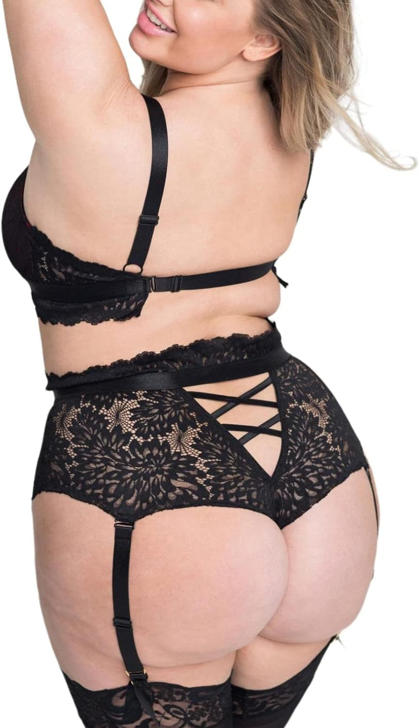 plus Size Lingerie for Women - Sexy Luxe Criss-Cross Bra Lace Cup Classic Underwear High Waisted Suspender Set