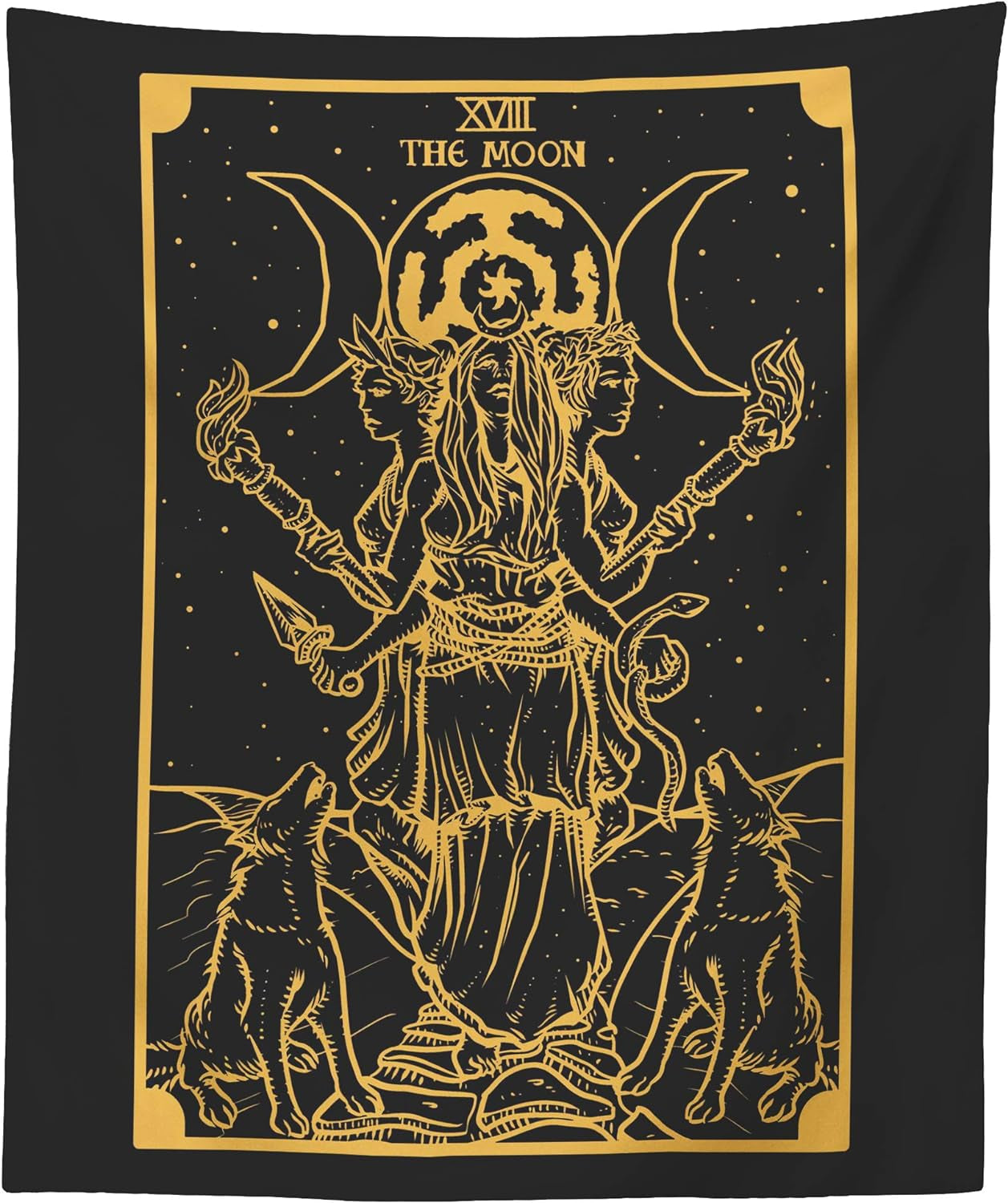 The Goddess Hecate Tarot Card Tapestry (Black & Gold) - Triple Moon Goddess of Witchcraft Hekate Wheel Pagan Witch Wall Hanging (59" X 51")