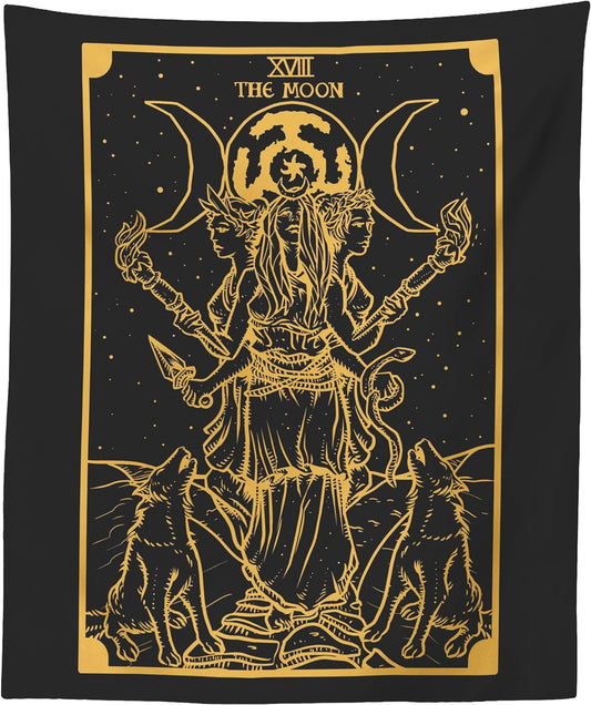 The Goddess Hecate Tarot Card Tapestry (Black & Gold) - Triple Moon Goddess of Witchcraft Hekate Wheel Pagan Witch Wall Hanging (59" X 51")