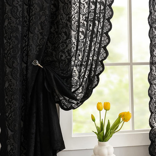 Black Lace Curtains 63 Inch Length Elegant Vintage Floral Sheer Curtain Panels for Halloween Luxury Gothic Curtains for Bedroom Witchy/Goth Room Decor, 52 X 63 Black