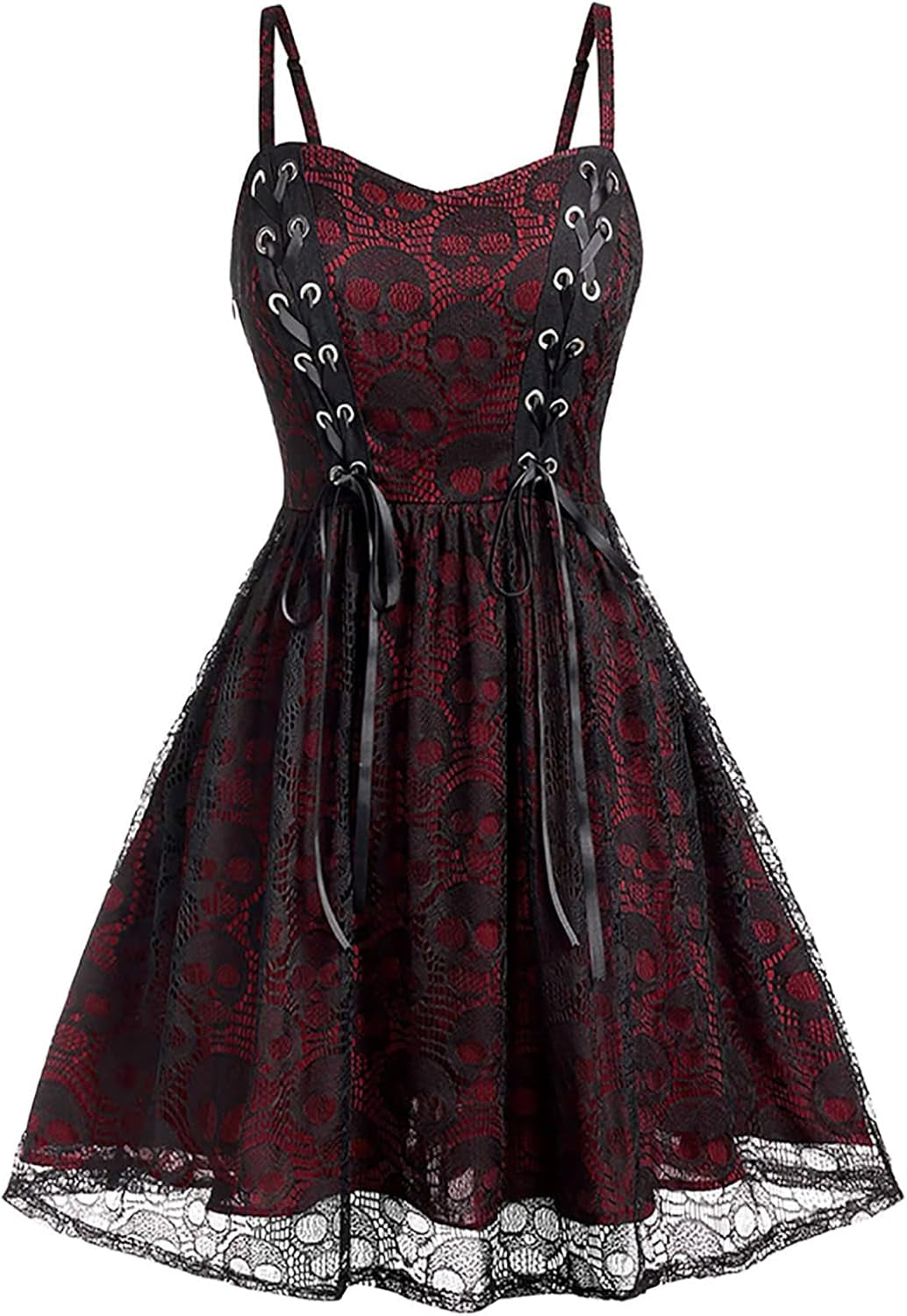 Gothic Clothes Punk Halloween Lace Skeleton Net Sleeveless Strap Drawstring Goth Clothes for Women and Girl（Winered）