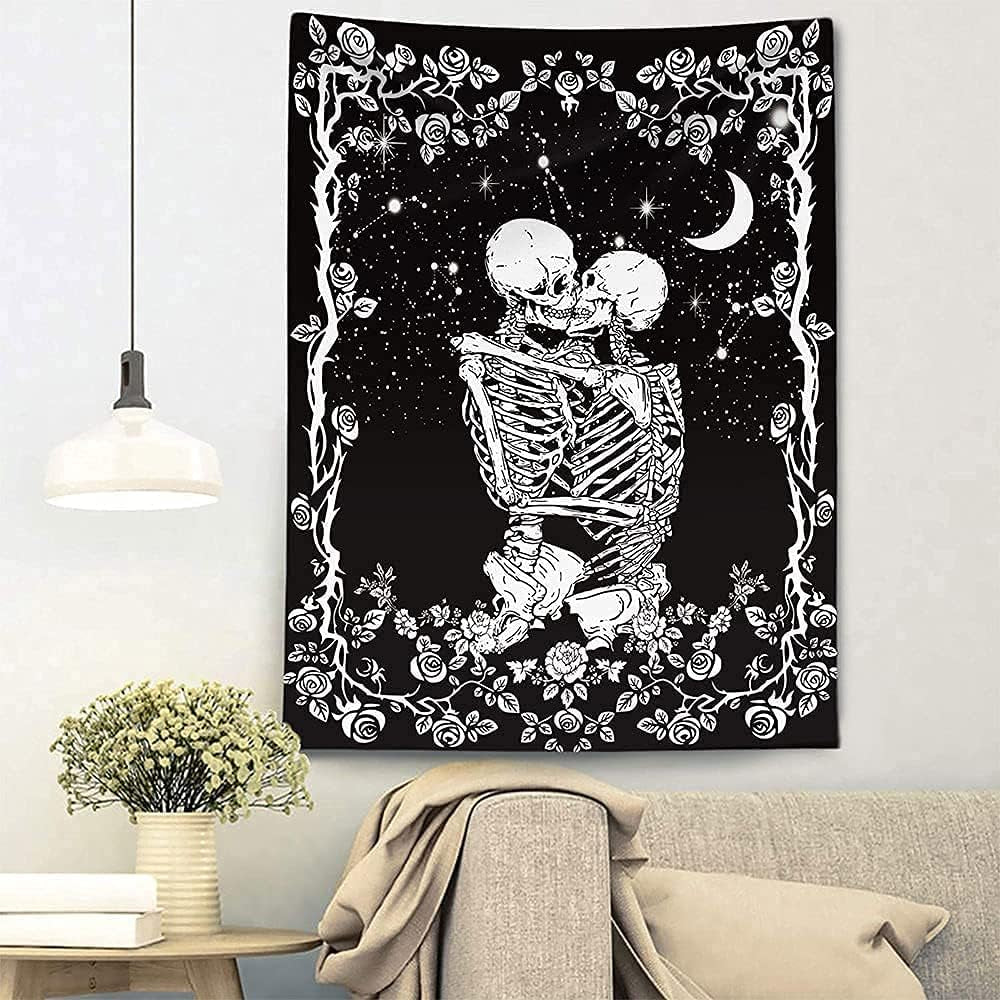 Skull Tapestry for Bedroom Aesthetic Black Skeleton Tapestry Goth Tapestry Halloween Wall Decor Dark Gothic Tapestry Wall Hanging Horror Creepy Spooky Witchy Home Wall Decor 51"X60"