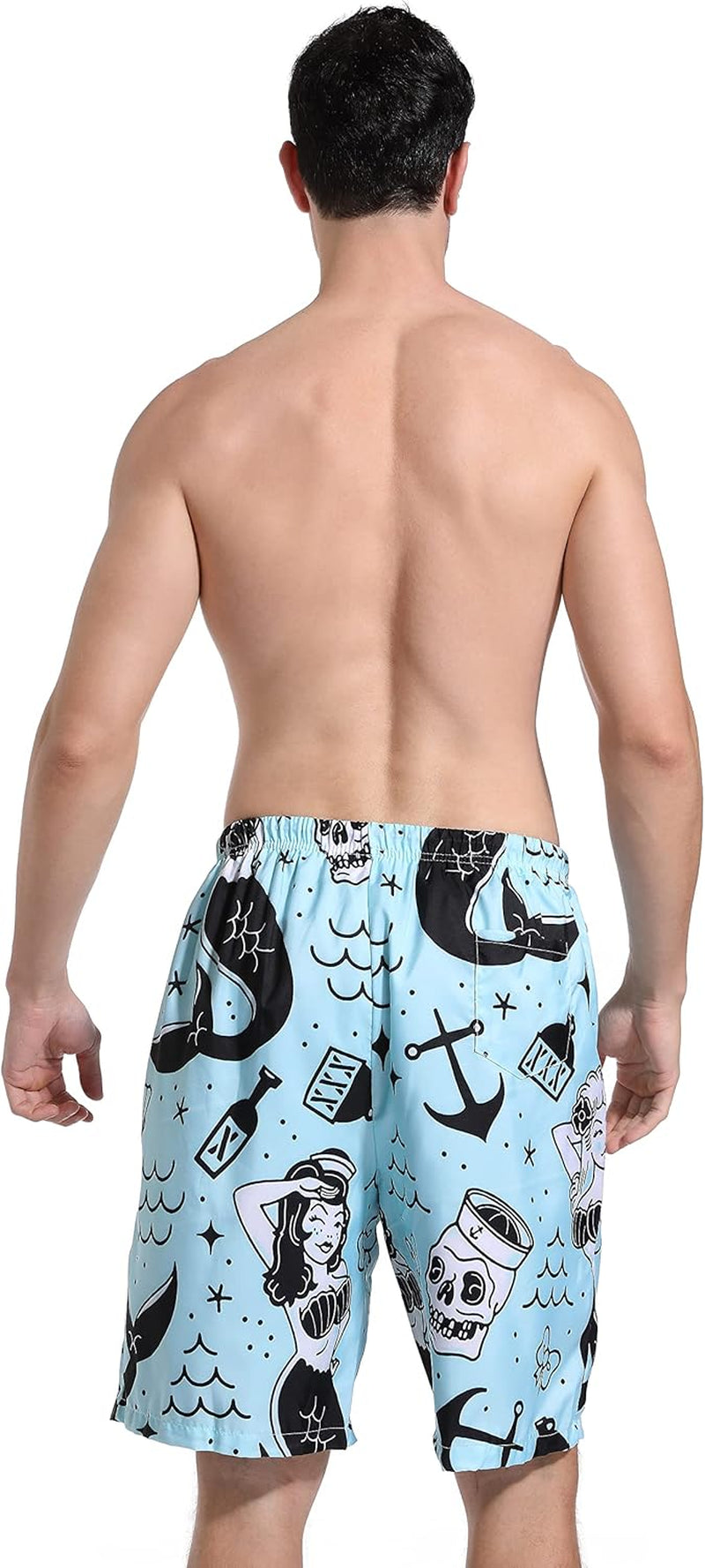 Mens Mermaid and Skull Swim Trunks Board Shorts Beach Swimwear Bathing Suit with Mesh Lined and Pockets