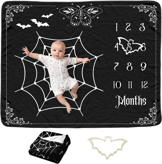 Gothic Baby Monthly Milestone Blanket for Boys, Goth Newborn Month Blanket, Soft Flannel Photography Background Prop Blanket, Moth Bat Halloween Personalized Shower Gift, Gothic