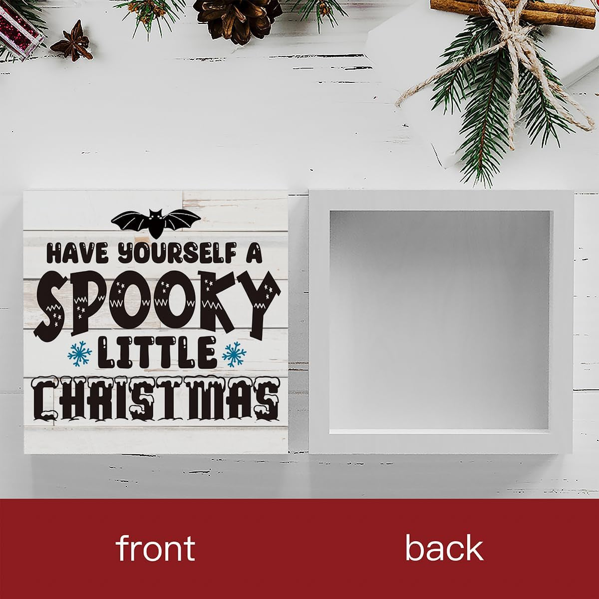 Rustic Winter Have Yourself a Spooky Little Christmas Bat Wood Box Sign, Farmhouse Christmas Santa Artwork Decor, Wood Square Sign Desk Block Signs Home Shelf Office Decoration 5 X 5 Inches