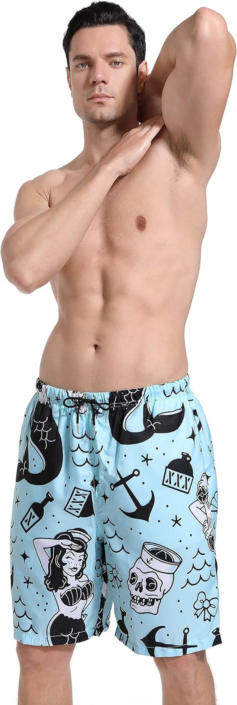 Mens Mermaid and Skull Swim Trunks Board Shorts Beach Swimwear Bathing Suit with Mesh Lined and Pockets