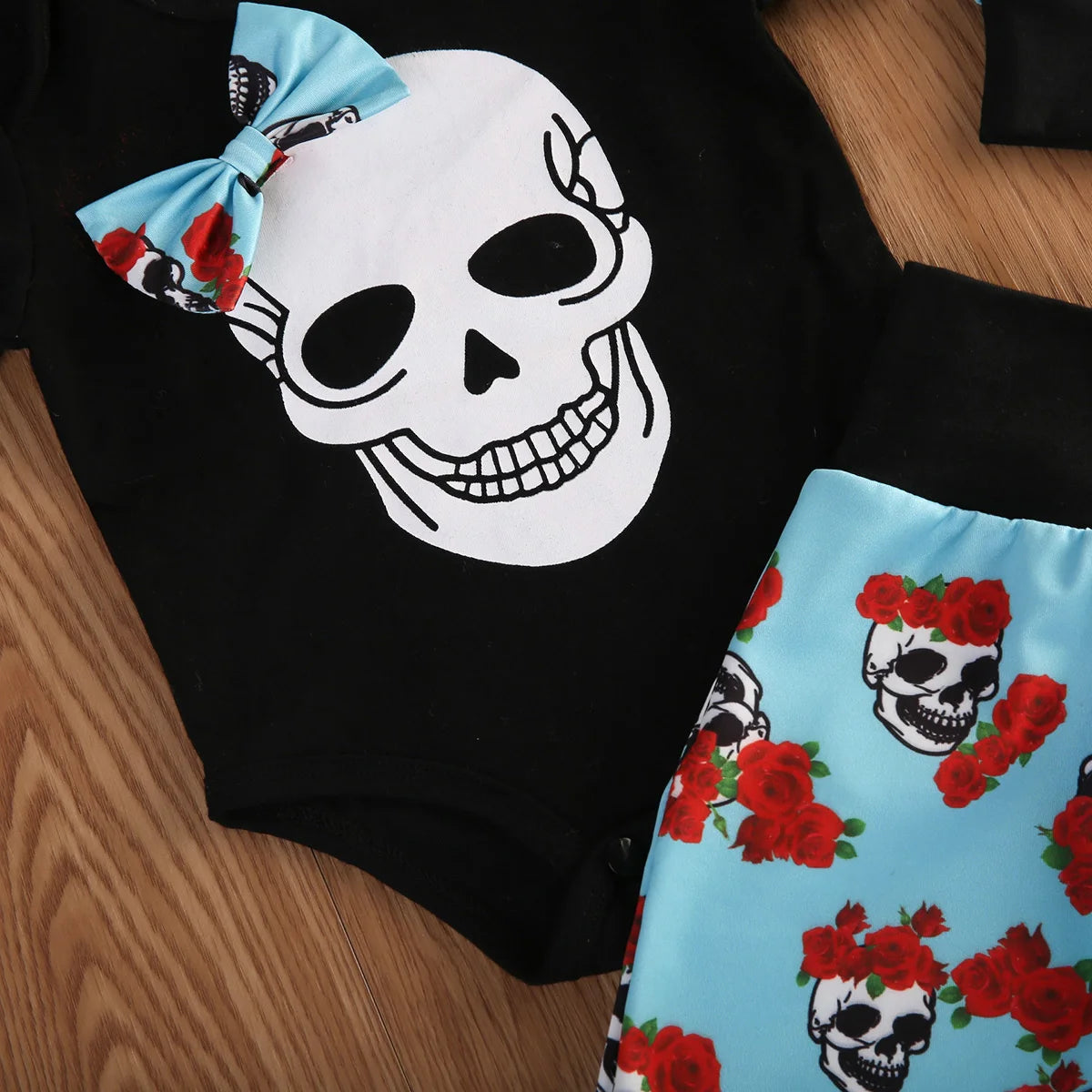 4Pcs Newborn Infant Halloween Baby Boy Clothes Jumpsuit Skull Bodysuit + Long Pants Outfit Headwear Set 0-24M