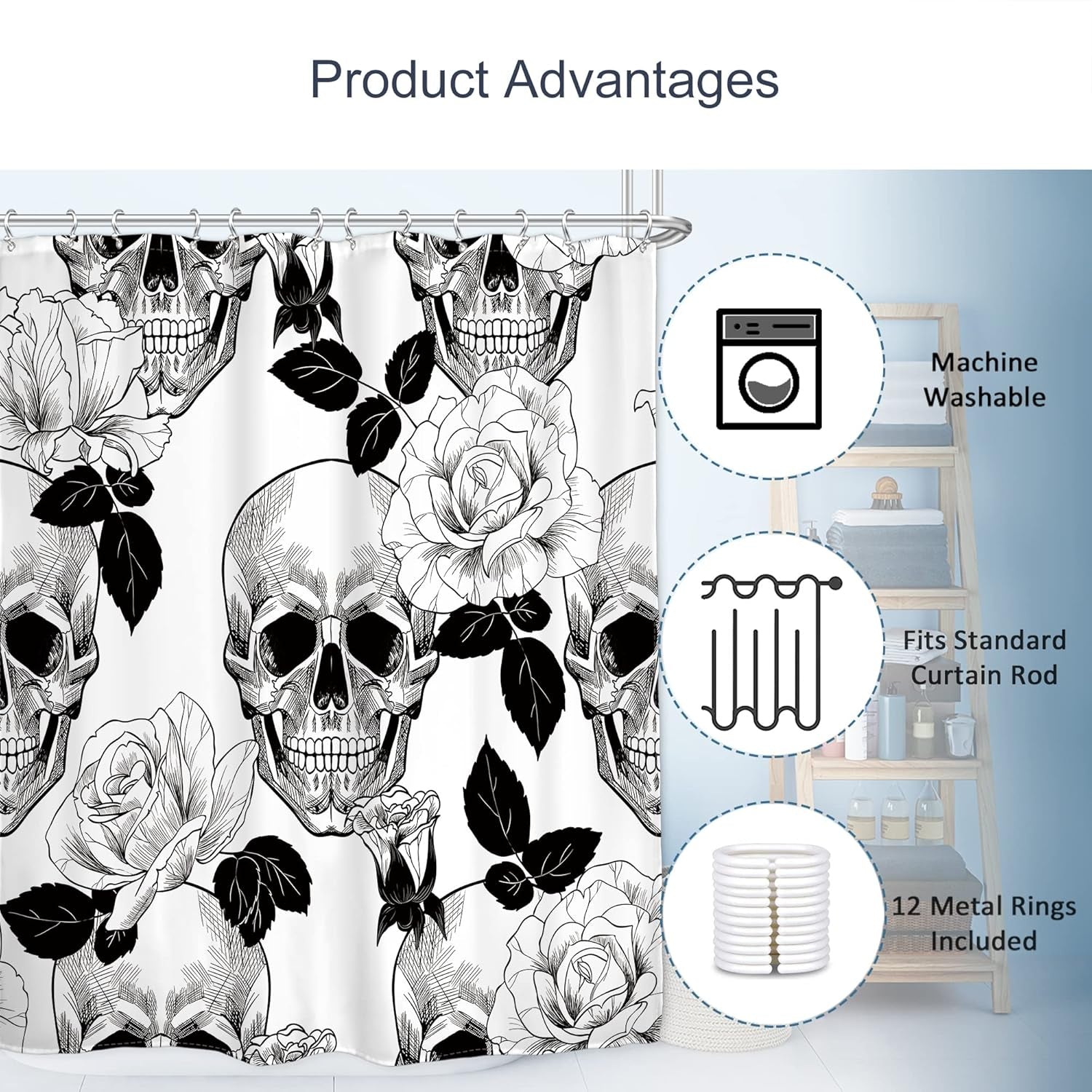 Halloween Skull Shower Curtain Floral Sugar 60Wx72L Inch Black White Gothic Bathroom Decor Goth Rose Skeleton Spooky Men Shower Curtains Flower Fabric Bath Accessories 12 Plastic Hooks