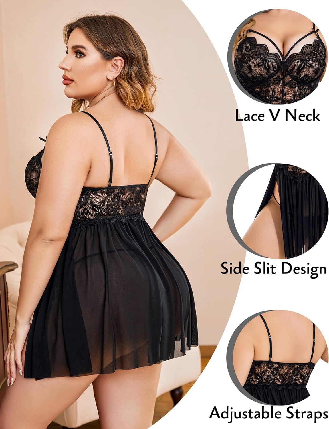 plus Size Lingerie Lace Babydoll Womens Strap Chemise Nightgown V Neck Nighty Mesh Sleepwear Side Slit Nightdress