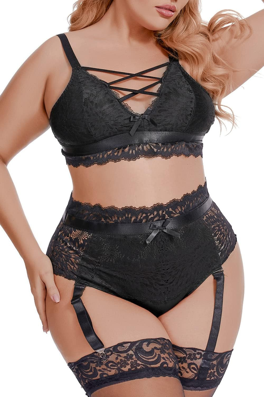 plus Size Lingerie for Women - Sexy Luxe Criss-Cross Bra Lace Cup Classic Underwear High Waisted Suspender Set