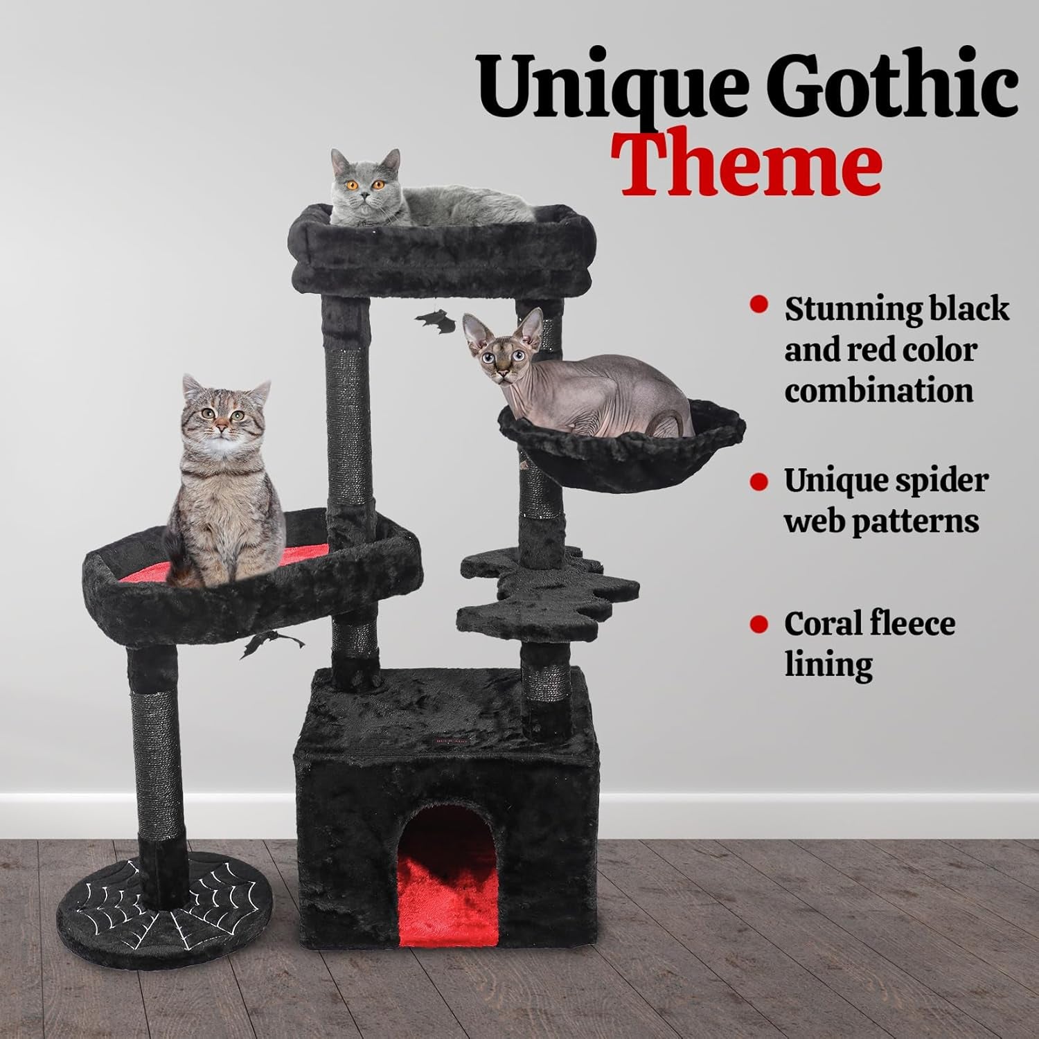 Gothic Cat Tree with Coffin Bed, Goth Aesthetic Cat Tower with Scratching Post - Halloween Spooky Decor Unique Cat Condo for Large Cats with Spider Hanging Ball - Black