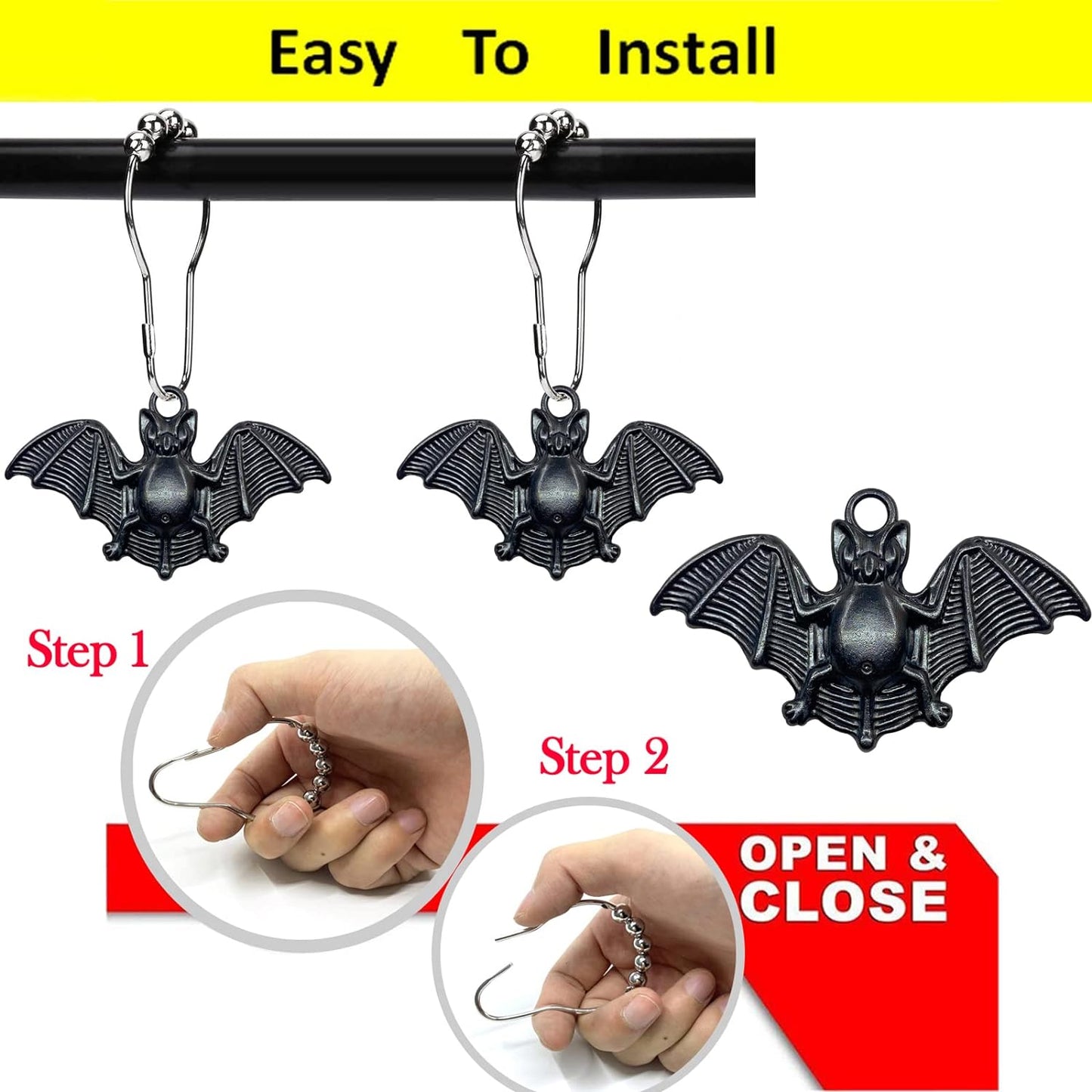 Set of 12 Bats Shower Curtain Hooks Rings Halloween Party Supplies Haunted House Decoration Stainless Steel Rustproof (Black-Bat)