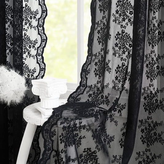 Black Sheer Curtains 54 Inch Length- Goth Victorian Kitchen Lace Curtain Panel Halloween Short Curtains for Bathroom Window Coffin/Witchy/Gothic Home Decor 52 X 54 Inch Black