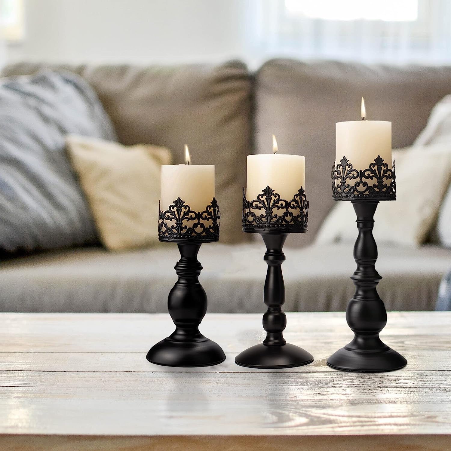 Vintage Pillar Candle Holders for Table Centerpiece Set of 3-11'' 9'' 8'' - Matte Black Metal Candle Stands Decorative - Candle Centerpiece for Table Fireplace Decor - Gothic Candle Holder