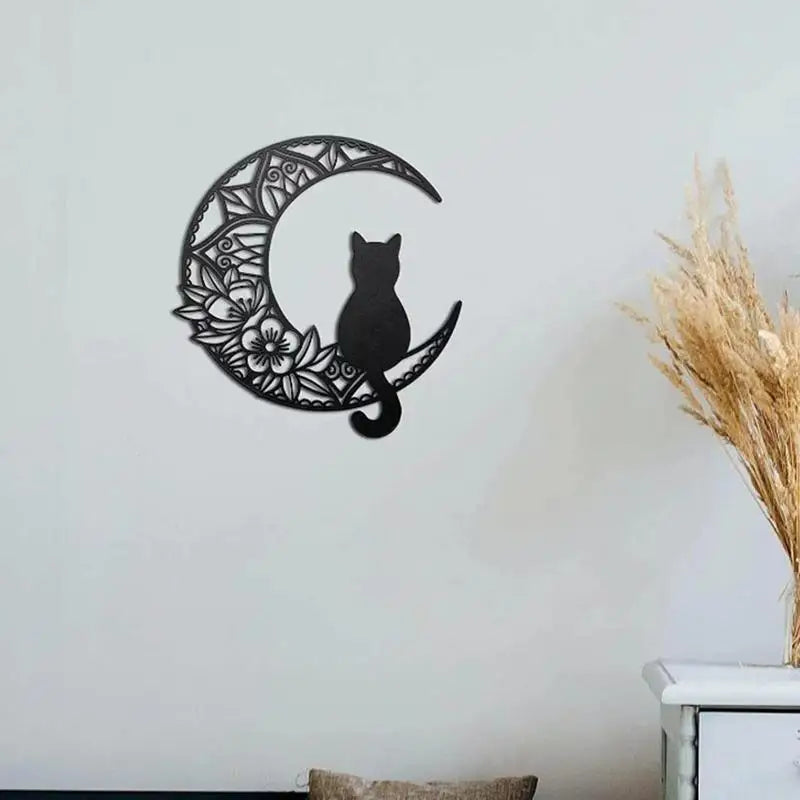 Cat Moon Metal Wall Art Metal Black Cat and Moon Wall Art Decor Black Cat Silhouette with Moon Phase Boho Style Home Decor Wall