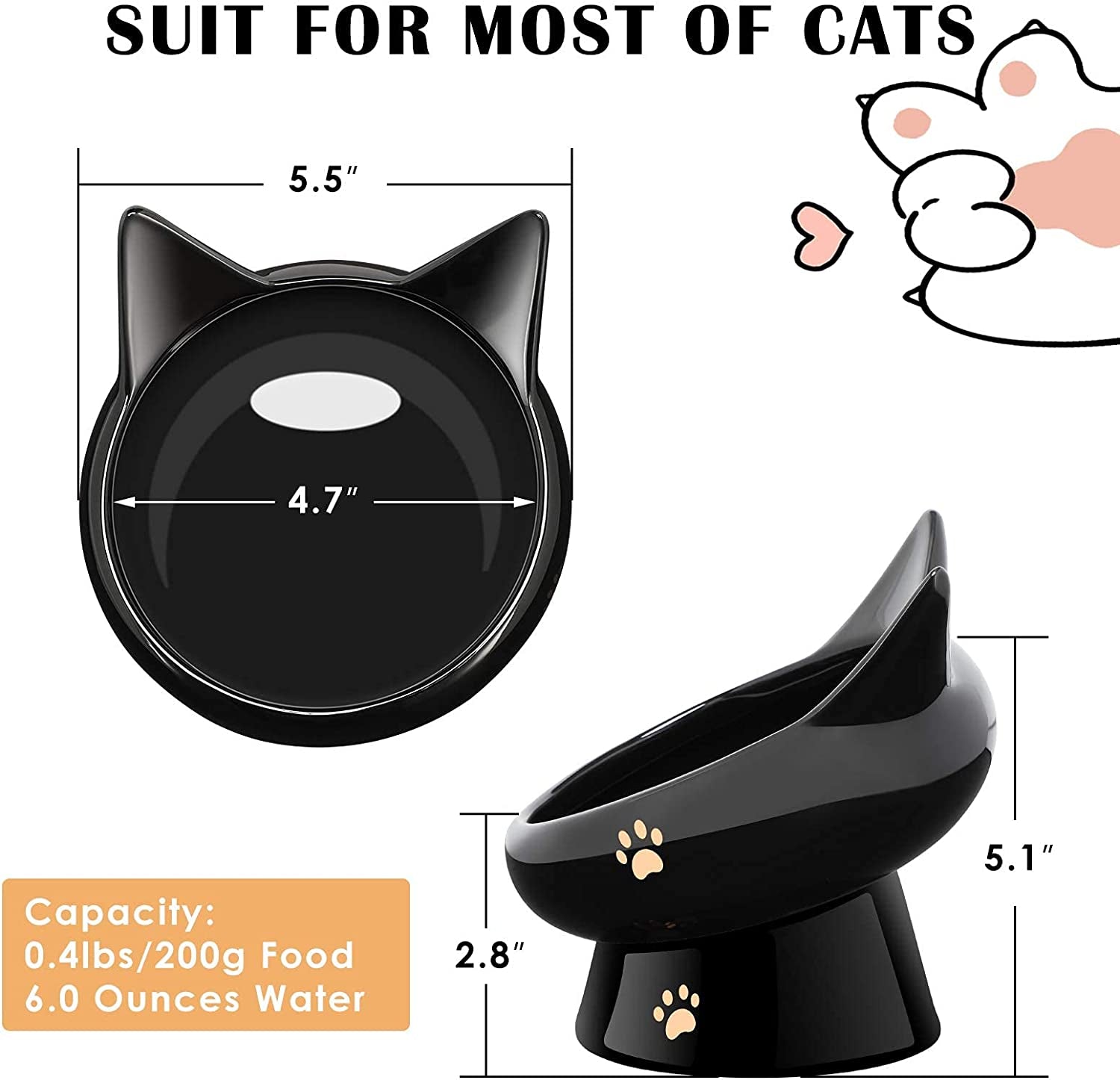 Cat Bowls for Indoor Cats, 2 Pack Ceramic Raised Slanted Cat Food Bowl Elevated Tilted Whisker Friendly, anti Vomiting Cat Feeding Bowl, Black White Pet Kitty Water Bowl,Ergonomic Cat Dishes Plate Set