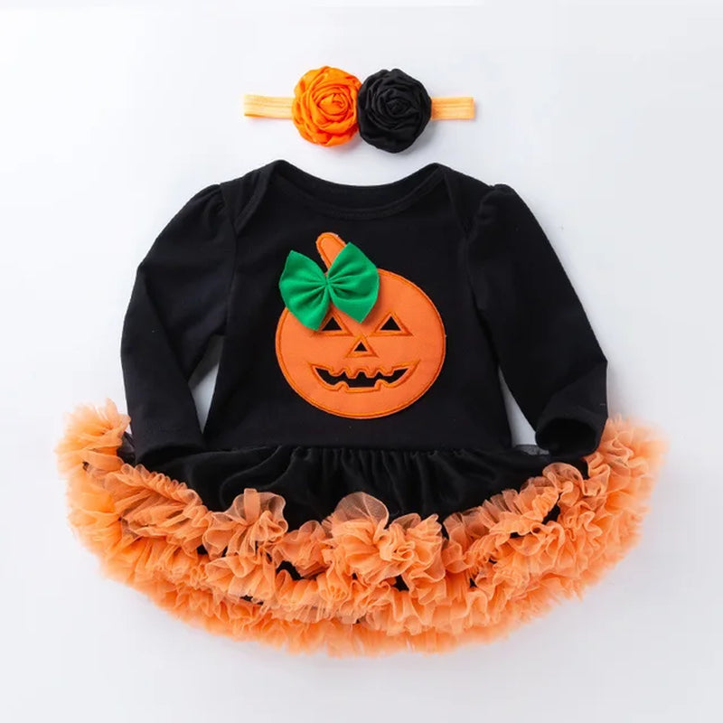 Halloween Baby Costume Girls Rompers Dresses Newborn Pumpkin Black Jumpsuits Dress Infant Cartoon Printed Children Party Outfit