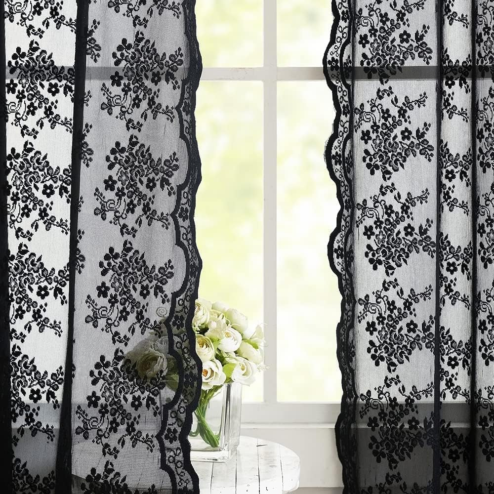 Black Sheer Curtains 54 Inch Length- Goth Victorian Kitchen Lace Curtain Panel Halloween Short Curtains for Bathroom Window Coffin/Witchy/Gothic Home Decor 52 X 54 Inch Black