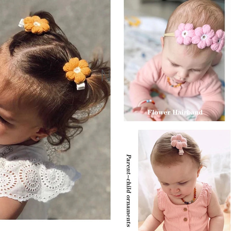 Vintage Baby Nylon Headbands Handmade Crochet Flowers Woolen Kid Elastic Hairbands Girls Hair Clips Children Hair Accessories